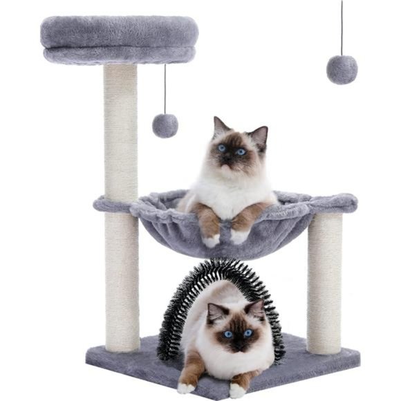 Small Cat Tree 28" Cat Tower with Metal Plush Hammock & Dangling Ball, Grey - Picture 1 of 6